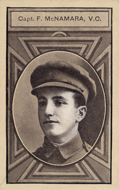 Cigarette card showing a portrait of Captain Frank Hubert McNamara VC. Part of a series of cards depicting Australian VCs printed by Sniders and Abrahams.