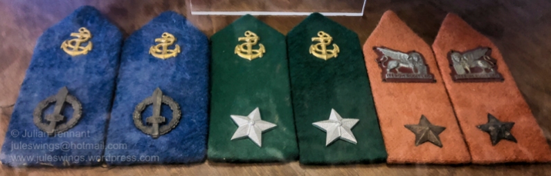 Lapel badges for officers of the X-MAS (Decima Flottiglia MAS). Blue for the 2nd Naval Unit worn between October 1943 and January 1945. Red for the Lion of San Marco Marines Green for Logistical support officers