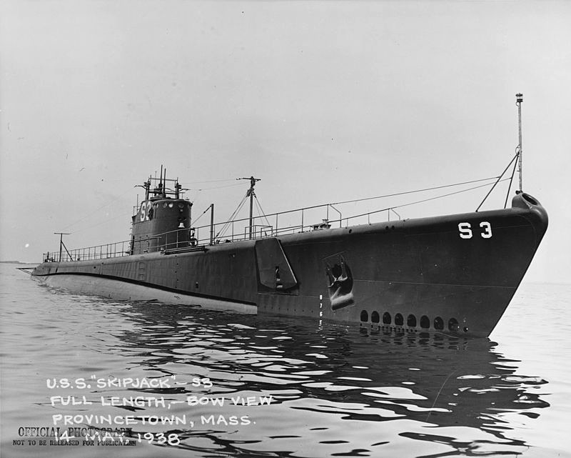 USS Skipjack (SS-184) off Provincetown, Massachusetts during sea trials, 14 May 1938. Photograph from the Bureau of Ships Collection in the U.S. National Archives.