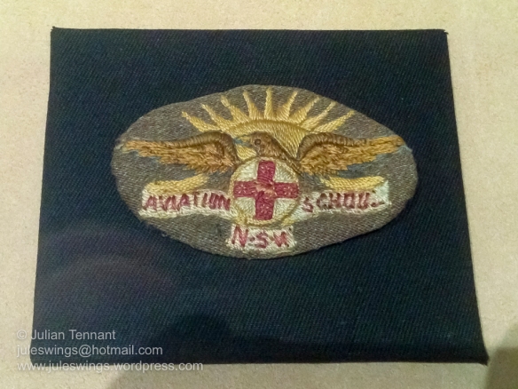 NSW Aviation School Insignia. This badge shows the New South Wales Government aviation school which operated from an airfield at Ham Common, near Windsor, NSW during WW1. In 1925 RAAF Base Richmond was established at the same site and remains operational to the present day. Photo: Julian Tennant