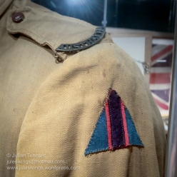 Uniform detail showing the Australian Flying Corps colour patch and 'Australia' title on the uniform of Private Arthur Goodes of No 1 Sqn AFC. Photo: Julian Tennant
