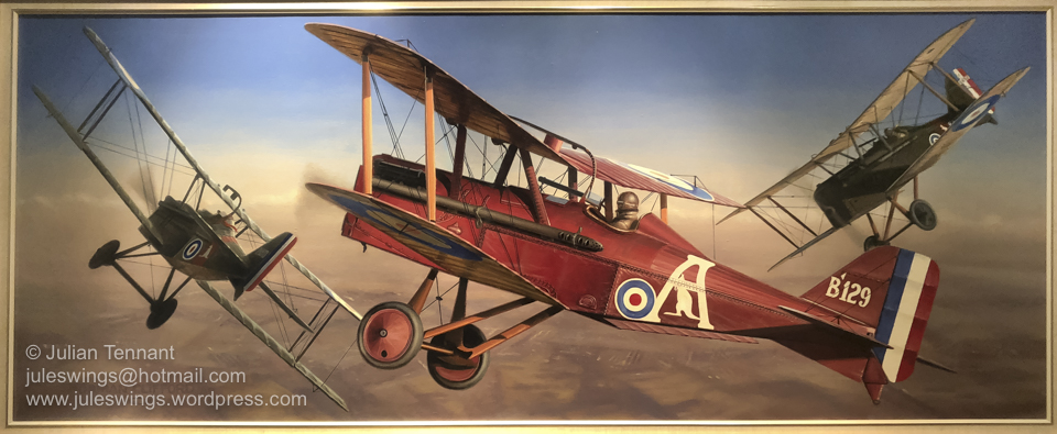 'A Dangerous Life!' Oil painting by Norman Clifford completed in 1969. This painting shows Captain Les Holden, in his red SE5A Fighting Scout, in mock combat with two pupils of No 6 (Training) Squadron, Australian Flying Corps over Minchinhampton, Gloucester, England in 1918. For Holden and other 'fighting instructors' life was hardly less dangerous than a combat pilot since they had to contend with pupils enthusiastic but unpredictable and inexperienced manoeuvres. Photo: Julian Tennant