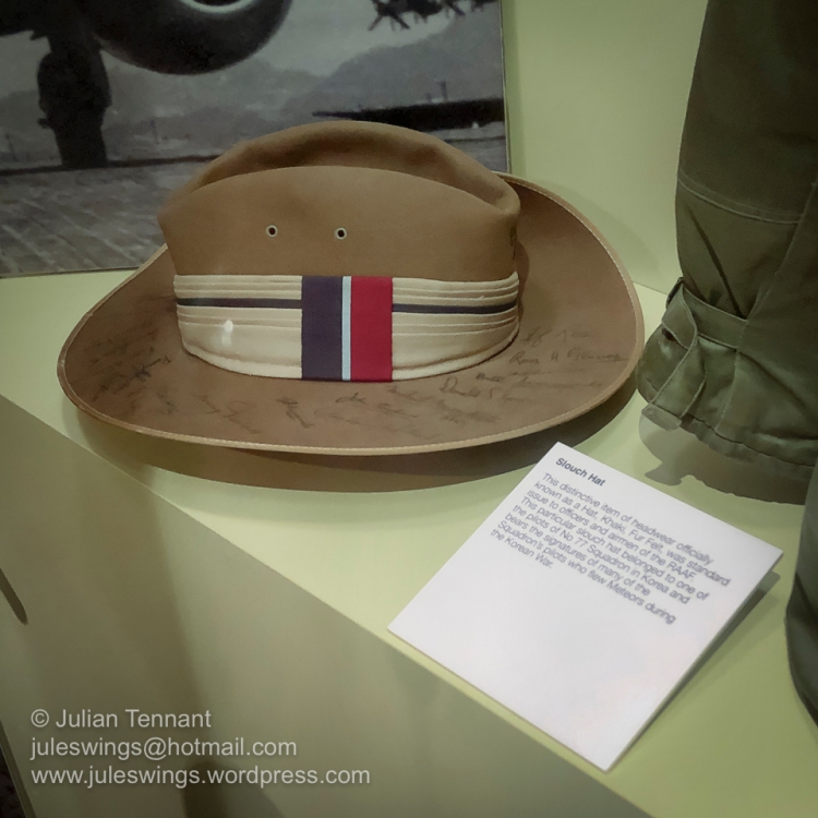 Distinctive Slouch Hat worn by a RAAF Meteor pilot of No. 77 Squadron in Korea. The hat bears the signatures of many of the squadron's pilots. Photo: Julian Tennant