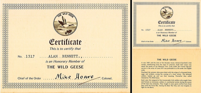 Alan Bennett's personalised "Honorary Member of The Wild Geese" certificate that accompanied the patches sold in Soldier of Fortune magazine circa 1982. Pictures courtesy of the Alan Bennett collection. 