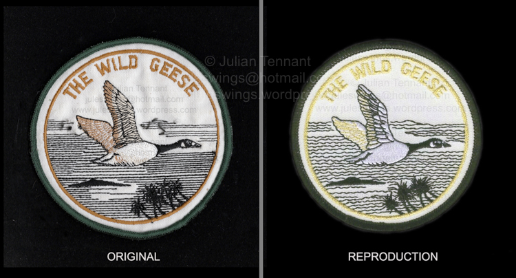 Right: The original "Wild Geese" patch sold by Mike and Phyllis Hoare via an advertisement in Soldier of Fortune magazine in 1982. These patches were sold to raise money for his legal bills and are NOT a veterans or mercenary unit patch as is often described. Left: One of the contemporary copies that are being sold to collectors, often with all sorts of outrageous identification descriptions. When compared the differences in detail is obvious. Collection: Julian Tennant.