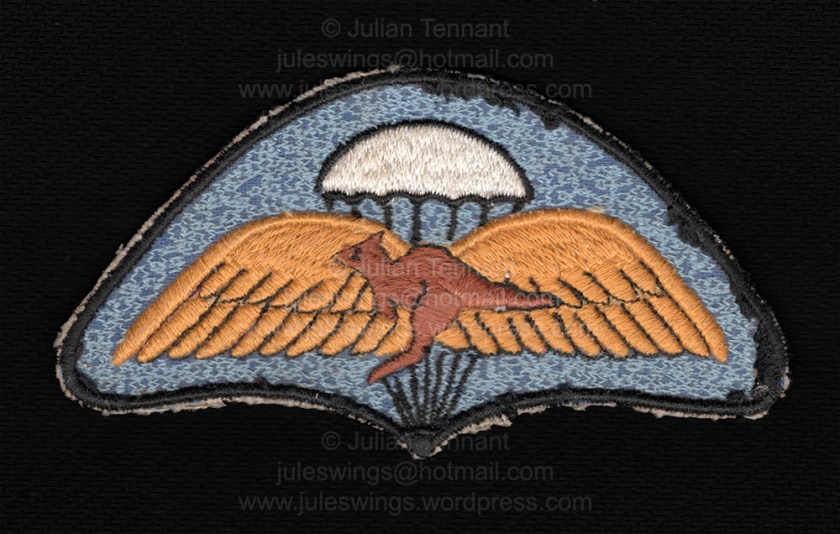 Unidentified Australian parachute patch. Because of the symbolism used here and also with the early Airborne Platoon crest, I wonder if this badge may have been used unofficially on sports wear, jumpsuits etc by members of the Airborne Platoon at some point from the late 50's through 1960's? I don't know the answer and any additional information is welcomed. Collection: Julian Tennant 