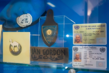 Items belonging to Major General Ian Gordon whilst commanding the United Nations Truce Supervision Organisation (UNSTO) in 2009. Also included is the beret and badge worn whilst he was a Lieutenant Colonel in Commando of UN Operation CEDILLA 1991 in the Western Sahara (MINURSO). Photo: Julian Tennant