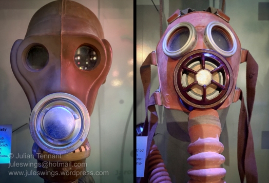 Gas masks on display in the NBC and civil defense display. Photo: Julian Tennant