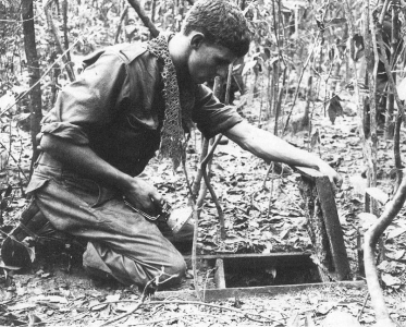 An Australian sapper from 3 Fd Tp looks into a Viet Cong tunnel in the Ho Bo Woods, north-west of Saigon, during Operation CRIMP. This operation marked the first time Allied (US and Australian) forces discovered and explored the VC's extensive tunnel network. Photographer: Unknown