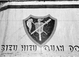 Crest of the Cao Đài military units painted onto the wall of their military college at Tây Ninh. Photo: Harrison Forman LIFE Magazine 1950