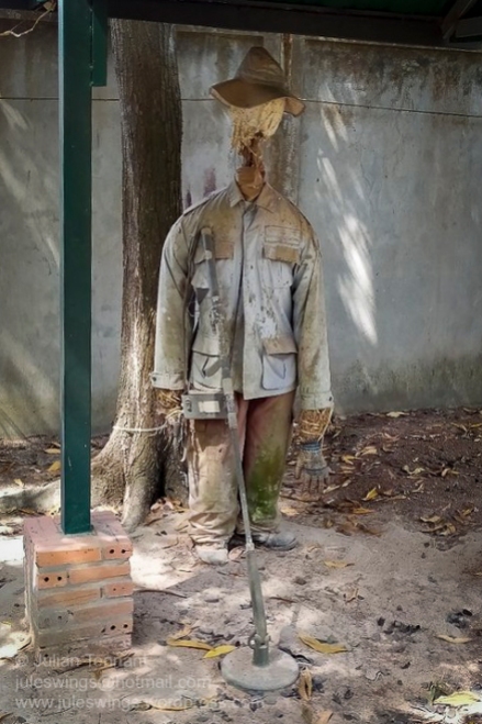 Tattered mine-clearance team uniform and equipment on display at the War Museum Cambodia. Most of the displays are left exposed to the elements and are unlikely to last long in the tropical Cambodian climate. Photo: Julian Tennant
