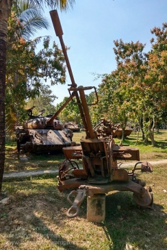 Anti-aircraft gun and rusted armoured vehicles on display at the War Museum Cambodia, Siem Reap. Photo: Julian Tennant