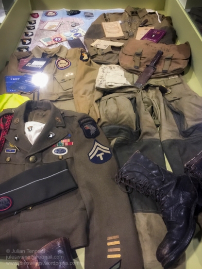 Various uniform and personal items belonging to paratroopers of the 101st Airborne Division at the D-Day Experience museum. Photo: Julian Tennant