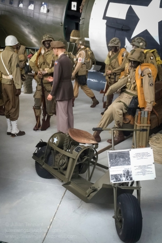 US Army Cushman Airborne Scooter Model M-53 in the foreground of the C-47 display featuring General Dwight D. Eisenhower visiting paratroopers of the 502nd PIR, 101st Abn Div at Greenham Common airfield on 5 June 1944. Photo: Julian Tennant