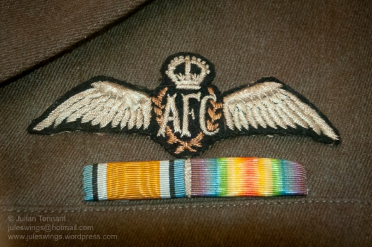 WW1 Australian Flying Corps (AFC) brevet and medal ribbons. Whilst this example is original, the wing featured on the tunic worn by the pilot mannequin at the Sopwith Camel is one of the cheap reproductions that are made by Lukus Productions and sold for $10 in the museum shop. Photo: Julian Tennant