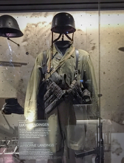German parachutists uniform, 1940. On 10 May 1940, German airborne troops captured three airfields around The Hague. Their objective being to capture the Queen, Cabinet and Dutch military leadership. Around the same time other German airborne troops captured the bridges at Moerdijk, Dordrecht and Rotterdam. Photo: Julian Tennant