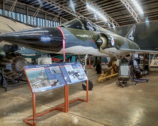 Royal Australian Air Force Dassault Mirage IIIO A3-36 which began service with the RAAF on 3 May 1966. The Mirage 111O was Australia’s front line fighter from the early 1960s when it replaced the Sabre through to 1989 when it was in turn replaced by the F-18 Hornet. On 27 May 1985 this aircraft was being flown by Flight Lieutenant (later Air Vice-Marshall) John A. Quaife RAAF when it crashed on the Ludmilla mud flats near the Darwin suburb of Coconut Grove. Quaife was able to eject at 1,000 feet and 200 knots and landed safely in mangroves with only minor injuries. The crash was found to be due to a compressor stall/loss of thrust whilst in a circuit. The unmanned aircraft conducted a controlled landing on the mudflats and was recovered largely intact. The Mirage was acquired by the Aviation Historical Society of the NT and remained at the Darwin Museum on display until October 2001 when it was loaned to No.75 Squadron for restoration and display purposes during the Squadron’s 60th Anniversary in 2002. It was taken by Chinook helicopter to the RAAF Base Tindal where it was refurbished by 75 Squadron for static display at the Darwin Museum. It was returned to the Aviation Heritage Centre of Darwin on 23 November 2005. Photo: Julian Tennant