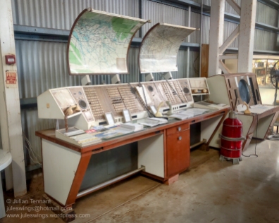 Flight Control panels from the old Darwin Airport. In the foreground is a Dual Flight service console circa 1974, whilst the structure in the background is the Approach Controller's Radar Console, circa 1990. Photo: Julian Tennant