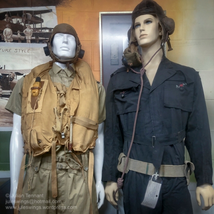 Tropical Spitfire Flying Uniform as worn by pilots of No.1 Fighter Wing, RAAF in 1943/44 (left) and Flying Suit, helmet and oxygen mask of Group Captain Clive Caldwell (right). Visible is the embroidered garland of flowers and and hearts that his wife, Jean, embroidered under the right pocket flap of his flying suit just before he deployed overseas. Photo: Julian Tennant