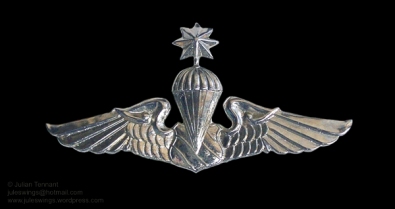 Metal variation of the Thai Police Parachutist Second Class wing. This style is also sometimes seen being worn on the berets of PARU advisors whilst deployed to Laos.