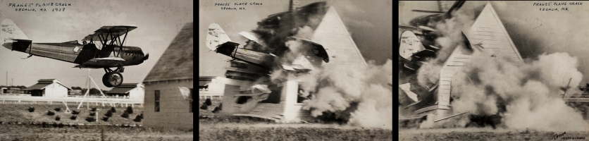 Birdie Draper's co-performer, Captain F. F. (Bowser) Frakes crashing his aircraft through a barn. Image courtesy the San Diego Air and Space Museum's Library & Archives