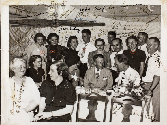 Photograph from the Birdie Draper Collection showing members of the Minneapolis chapter of the RCCW at dinner with St Paul's Mayor, George Leach (seated centre) following the Minnesota State Fair in 1938. Note the RCCW badges being worn by various members of the group. Image courtesy the San Diego Air and Space Museum's Library & Archives