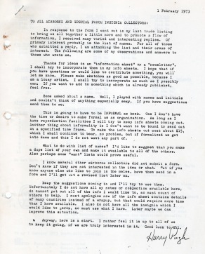 Harry Pugh's cover letter from the first issue of the Chute & Dagger newsletter in February 1973. C&D grew out of his montly trade lists after collectors expressed an interest in a regular newsletter. By April, the group had a name and a logo, based on a modified design submitted by the late Mike Shepherd.