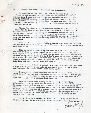 Harry Pugh's cover letter from the first issue of the Chute & Dagger newsletter in February 1973. C&D grew out of his montly trade lists after collectors expressed an interest in a regular newsletter. By April, the group had a name and a logo, based on a modified design submitted by the late Mike Shepherd.